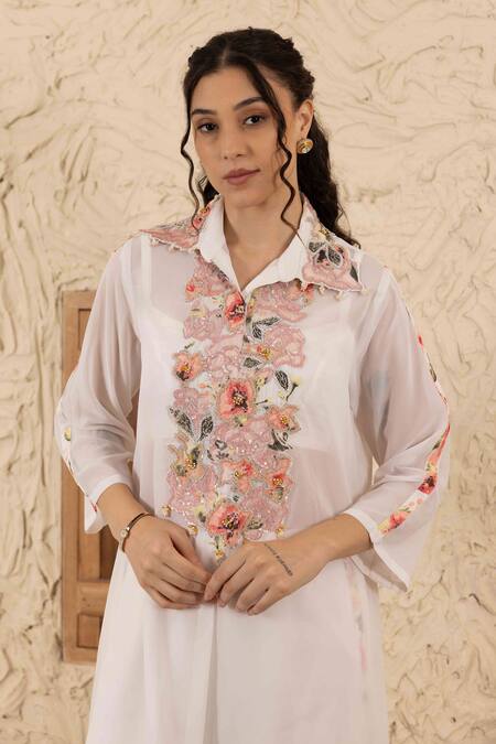 Buy_Ajiesh Oberoi_Ivory Georgette, Organza Embroidery Collared Kurta Set _Online_at_Aza_Fashions