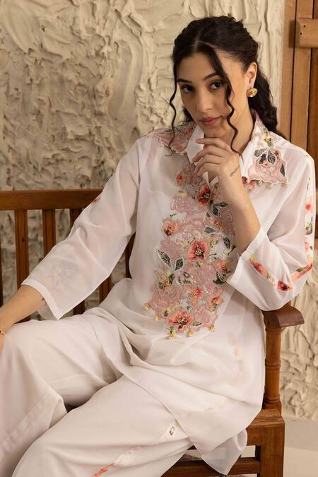 Shop_Ajiesh Oberoi_Ivory Georgette, Organza Embroidery Collared Kurta Set _Online_at_Aza_Fashions