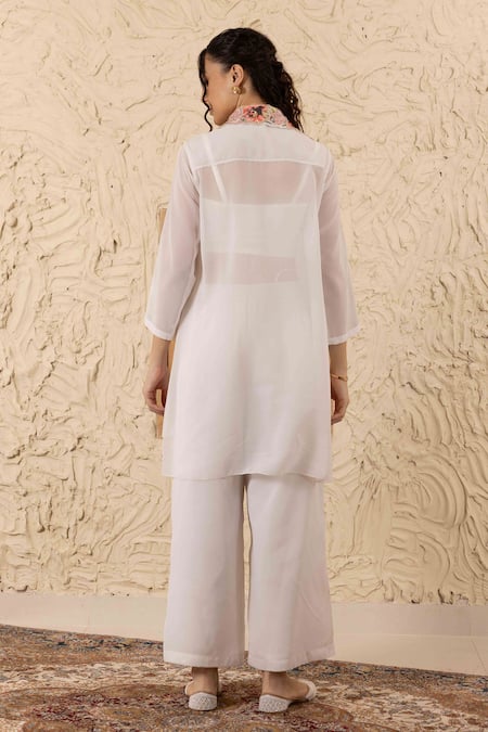 Shop_Ajiesh Oberoi_Ivory Georgette, Organza Embroidery Collared Kurta Set _at_Aza_Fashions