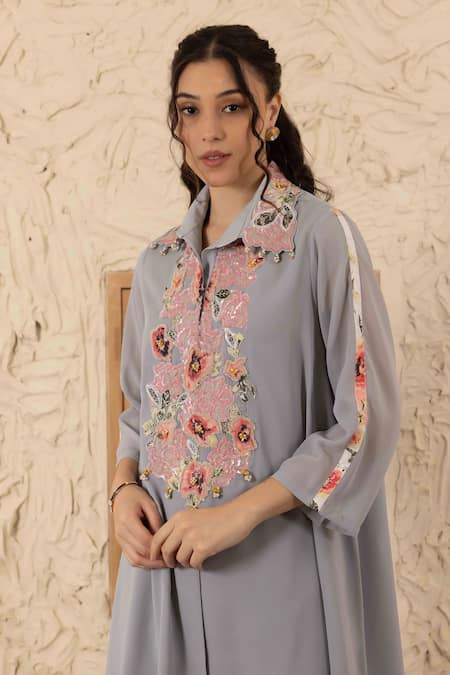 Buy Ajiesh Oberoi Gray Georgette Embroidery Collared Floral Kurta Set Online at Aza Fashions Buy_Ajiesh Oberoi_Gray Georgette Embroidery Collared Floral Kurta Set _Online_at_Aza_Fashions