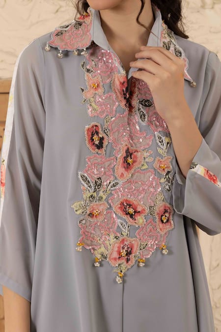 Shop Ajiesh Oberoi Gray Georgette Embroidery Collared Floral Kurta Set Online at Aza Fashions Shop_Ajiesh Oberoi_Gray Georgette Embroidery Collared Floral Kurta Set _Online_at_Aza_Fashions