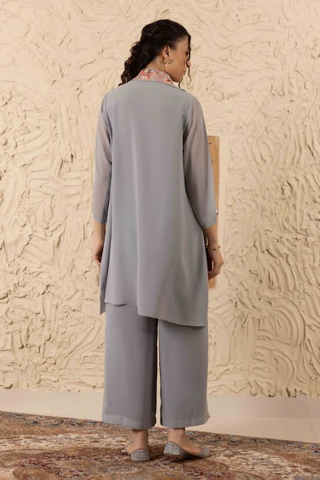 Shop Ajiesh Oberoi Gray Georgette Embroidery Collared Floral Kurta Set at Aza Fashions Shop_Ajiesh Oberoi_Gray Georgette Embroidery Collared Floral Kurta Set _at_Aza_Fashions