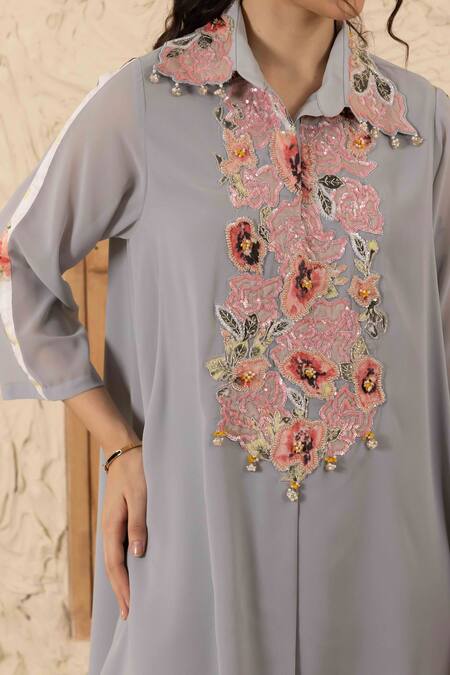 Ajiesh Oberoi Gray Georgette Embroidery Collared Floral Kurta Set at Aza Fashions Ajiesh Oberoi_Gray Georgette Embroidery Collared Floral Kurta Set _at_Aza_Fashions