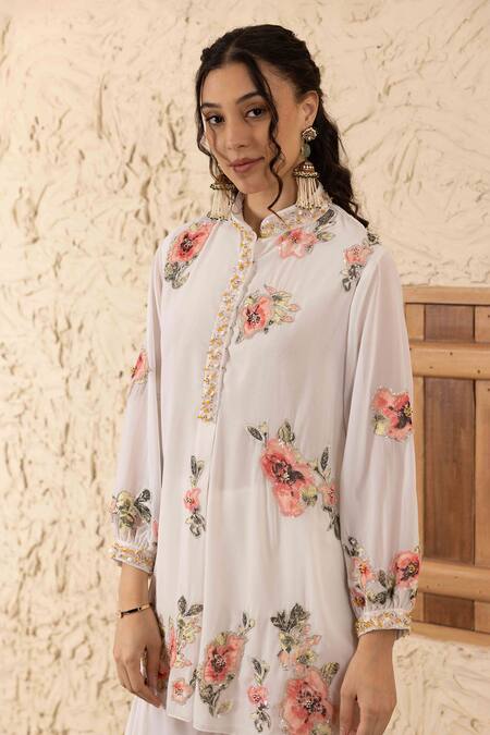 Ajiesh Oberoi Ivory Georgette, Muslin Embroidery, Applique Mandarin Collar Floral Kurta Set Online at Aza Fashions Ajiesh Oberoi_Ivory Georgette, Muslin Embroidery, Applique Mandarin Collar Floral Kurta Set _Online_at_Aza_Fashions