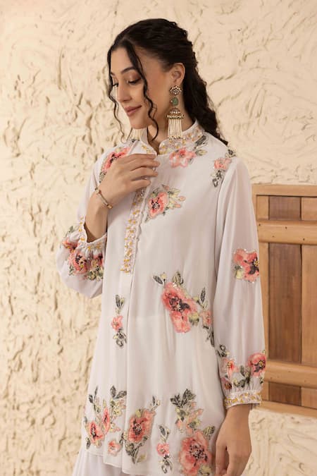 Buy Ajiesh Oberoi Ivory Georgette, Muslin Embroidery, Applique Mandarin Collar Floral Kurta Set Online at Aza Fashions Buy_Ajiesh Oberoi_Ivory Georgette, Muslin Embroidery, Applique Mandarin Collar Floral Kurta Set _Online_at_Aza_Fashions