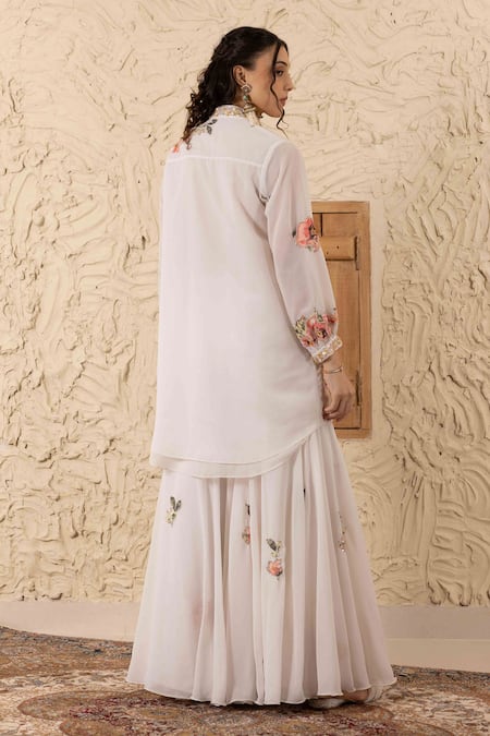 Shop Ajiesh Oberoi Ivory Georgette, Muslin Embroidery, Applique Mandarin Collar Floral Kurta Set at Aza Fashions Shop_Ajiesh Oberoi_Ivory Georgette, Muslin Embroidery, Applique Mandarin Collar Floral Kurta Set _at_Aza_Fashions