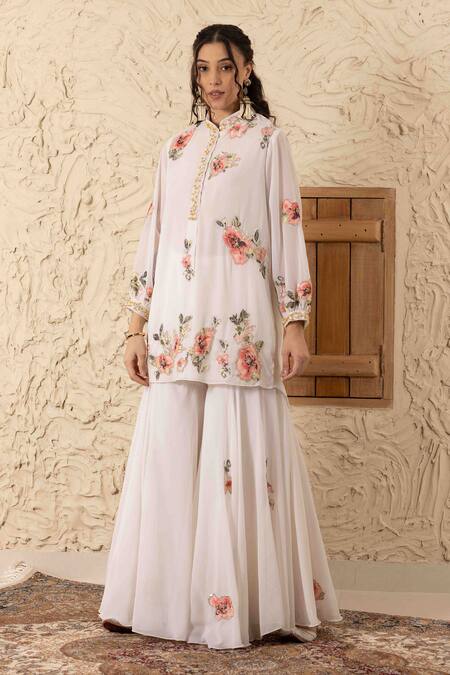 Buy Ajiesh Oberoi Ivory Georgette, Muslin Embroidery, Applique Mandarin Collar Floral Kurta Set Buy_Ajiesh Oberoi_Ivory Georgette, Muslin Embroidery, Applique Mandarin Collar Floral Kurta Set