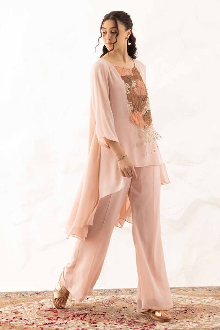 Shop Ajiesh Oberoi Rose Gold Georgette Crystals Round Neck Applique Yoke Work Kurta Set Online at Aza Fashions Shop_Ajiesh Oberoi_Rose Gold Georgette Crystals Round Neck Applique Yoke Work Kurta Set _Online_at_Aza_Fashions