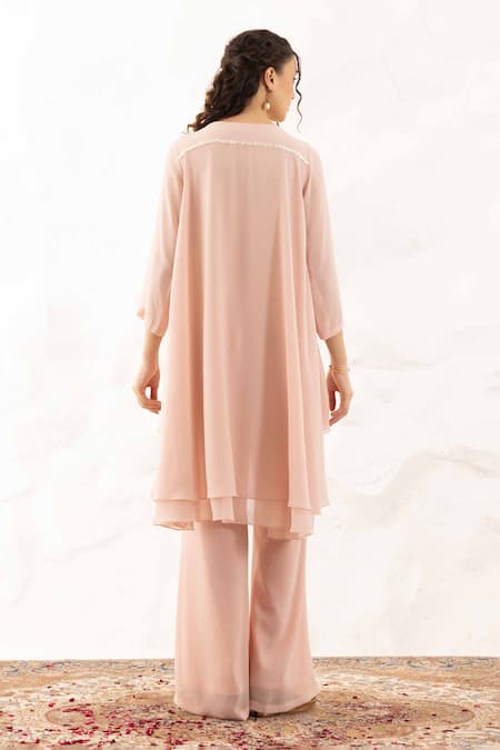 Shop Ajiesh Oberoi Rose Gold Georgette Crystals Round Neck Applique Yoke Work Kurta Set at Aza Fashions Shop_Ajiesh Oberoi_Rose Gold Georgette Crystals Round Neck Applique Yoke Work Kurta Set _at_Aza_Fashions