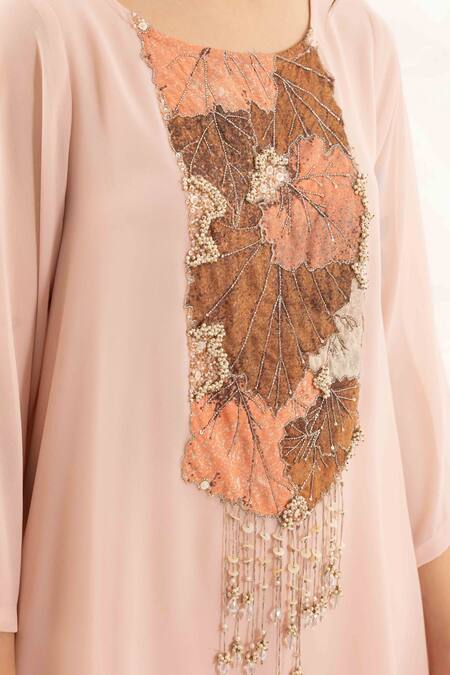 Ajiesh Oberoi Rose Gold Georgette Crystals Round Neck Applique Yoke Work Kurta Set at Aza Fashions Ajiesh Oberoi_Rose Gold Georgette Crystals Round Neck Applique Yoke Work Kurta Set _at_Aza_Fashions