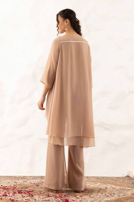 Shop Ajiesh Oberoi Beige Georgette, Muslin Crystals Round Neck Applique Yoke Work Kurta Set at Aza Fashions Shop_Ajiesh Oberoi_Beige Georgette, Muslin Crystals Round Neck Applique Yoke Work Kurta Set _at_Aza_Fashions