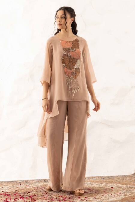 Ajiesh Oberoi Beige Georgette, Muslin Crystals Round Neck Applique Yoke Work Kurta Set Online at Aza Fashions Ajiesh Oberoi_Beige Georgette, Muslin Crystals Round Neck Applique Yoke Work Kurta Set _Online_at_Aza_Fashions