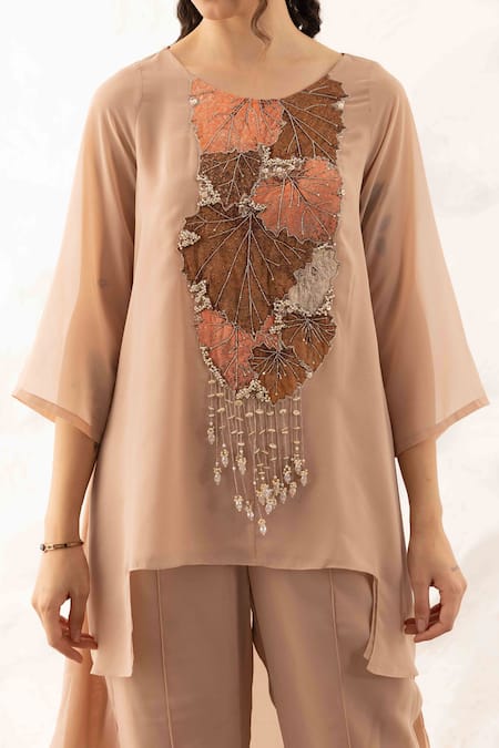 Ajiesh Oberoi Beige Georgette, Muslin Crystals Round Neck Applique Yoke Work Kurta Set at Aza Fashions Ajiesh Oberoi_Beige Georgette, Muslin Crystals Round Neck Applique Yoke Work Kurta Set _at_Aza_Fashions