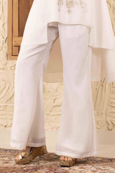 Ajiesh Oberoi Ivory Georgette, Muslin Crystals Round Neck Applique Yoke Work Kurta Set Online at Aza Fashions Ajiesh Oberoi_Ivory Georgette, Muslin Crystals Round Neck Applique Yoke Work Kurta Set _Online_at_Aza_Fashions