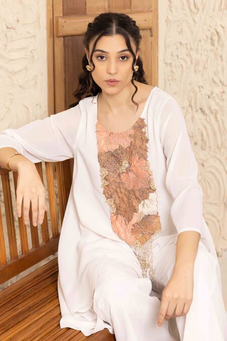 Buy Ajiesh Oberoi Ivory Georgette, Muslin Crystals Round Neck Applique Yoke Work Kurta Set Online at Aza Fashions Buy_Ajiesh Oberoi_Ivory Georgette, Muslin Crystals Round Neck Applique Yoke Work Kurta Set _Online_at_Aza_Fashions