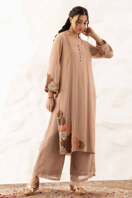 Shop Ajiesh Oberoi Beige Georgette, Muslin Embroidery, Applique Patiyala Kurta Set With Dupatta Online at Aza Fashions Shop_Ajiesh Oberoi_Beige Georgette, Muslin Embroidery, Applique Patiyala Kurta Set With Dupatta _Online_at_Aza_Fashions