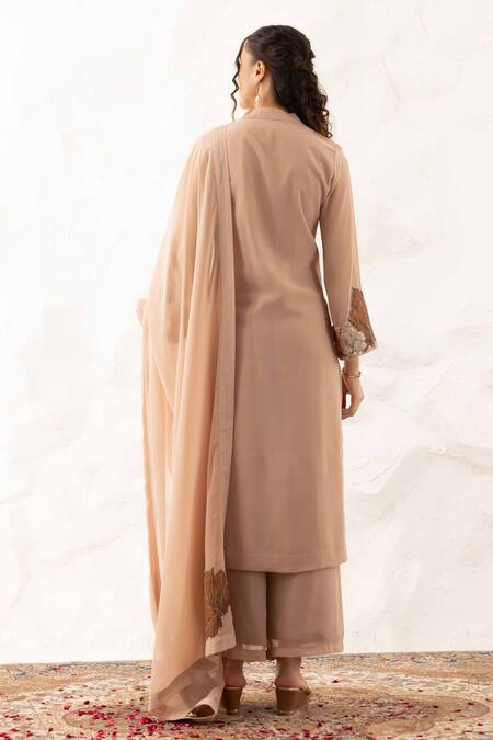 Shop Ajiesh Oberoi Beige Georgette, Muslin Embroidery, Applique Patiyala Kurta Set With Dupatta at Aza Fashions Shop_Ajiesh Oberoi_Beige Georgette, Muslin Embroidery, Applique Patiyala Kurta Set With Dupatta _at_Aza_Fashions