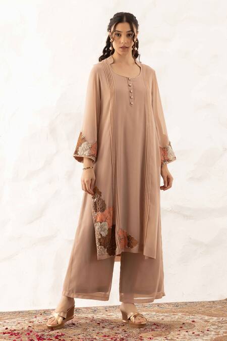 Ajiesh Oberoi Beige Georgette, Muslin Embroidery, Applique Patiyala Kurta Set With Dupatta at Aza Fashions Ajiesh Oberoi_Beige Georgette, Muslin Embroidery, Applique Patiyala Kurta Set With Dupatta _at_Aza_Fashions