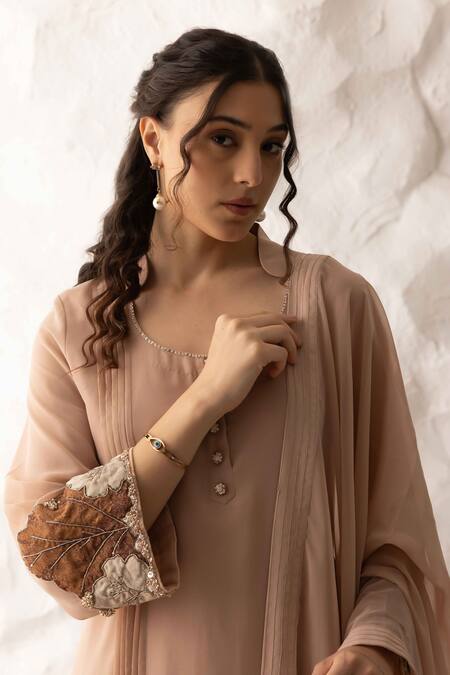 Buy Ajiesh Oberoi Beige Georgette, Muslin Embroidery, Applique Patiyala Kurta Set With Dupatta Buy_Ajiesh Oberoi_Beige Georgette, Muslin Embroidery, Applique Patiyala Kurta Set With Dupatta