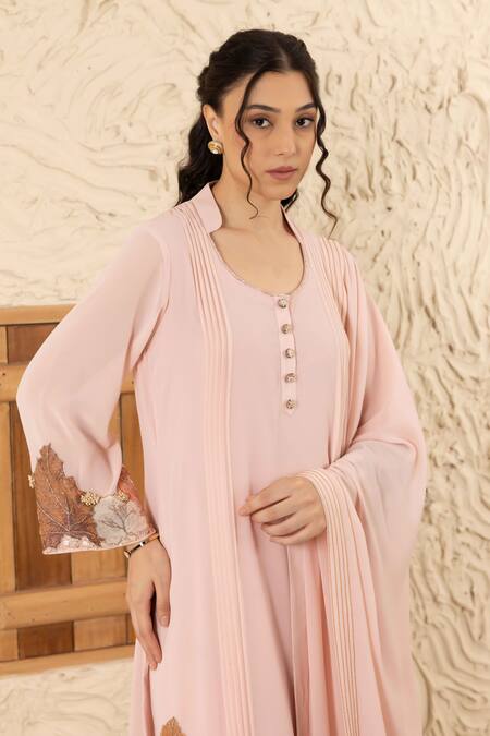 Ajiesh Oberoi Rose Gold Georgette Applique, Embroidery Round Pink Pinti Kurta Set With Dupatta Online at Aza Fashions Ajiesh Oberoi_Rose Gold Georgette Applique, Embroidery Round Pink Pinti Kurta Set With Dupatta _Online_at_Aza_Fashions
