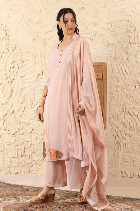 Ajiesh Oberoi Rose Gold Georgette Applique, Embroidery Round Pink Pinti Kurta Set With Dupatta at Aza Fashions Ajiesh Oberoi_Rose Gold Georgette Applique, Embroidery Round Pink Pinti Kurta Set With Dupatta _at_Aza_Fashions