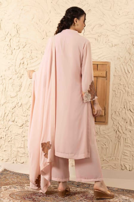 Shop Ajiesh Oberoi Rose Gold Georgette Applique, Embroidery Round Pink Pinti Kurta Set With Dupatta at Aza Fashions Shop_Ajiesh Oberoi_Rose Gold Georgette Applique, Embroidery Round Pink Pinti Kurta Set With Dupatta _at_Aza_Fashions