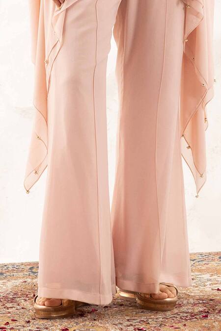 Ajiesh Oberoi_Rose Gold Georgette, Muslin Embroidery, Applique Collared Kurta Set _Online_at_Aza_Fashions