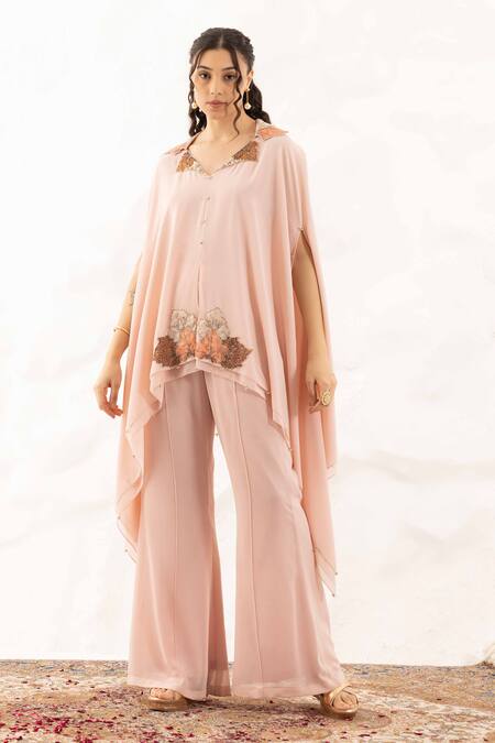 Buy_Ajiesh Oberoi_Rose Gold Georgette, Muslin Embroidery, Applique Collared Kurta Set _Online_at_Aza_Fashions