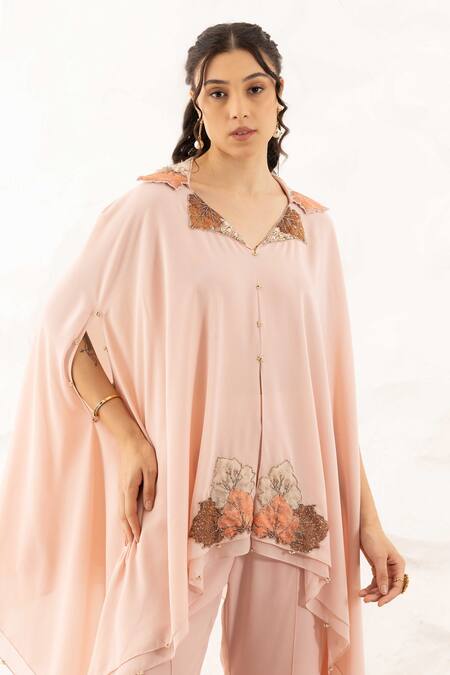 Shop_Ajiesh Oberoi_Rose Gold Georgette, Muslin Embroidery, Applique Collared Kurta Set _Online_at_Aza_Fashions