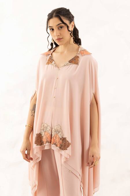 Buy_Ajiesh Oberoi_Rose Gold Georgette, Muslin Embroidery, Applique Collared Kurta Set 