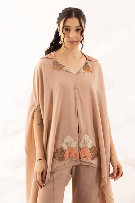 Ajiesh Oberoi Beige Georgette Applique Embroidered Kurta Set Online at Aza Fashions Ajiesh Oberoi_Beige Georgette Applique Embroidered Kurta Set _Online_at_Aza_Fashions