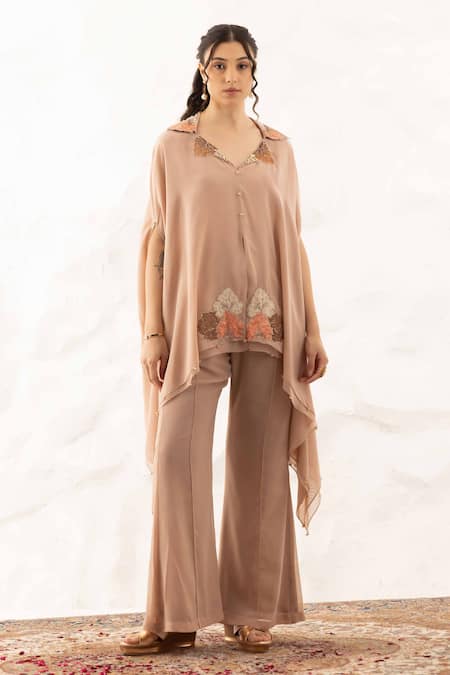 Shop Ajiesh Oberoi Beige Georgette Applique Embroidered Kurta Set Online at Aza Fashions Shop_Ajiesh Oberoi_Beige Georgette Applique Embroidered Kurta Set _Online_at_Aza_Fashions