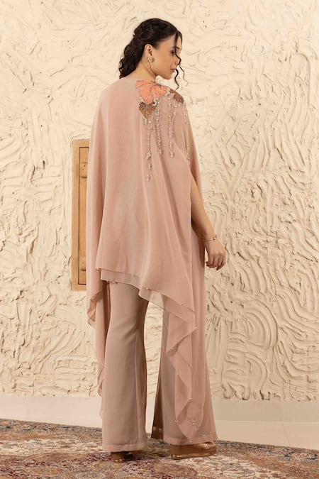 Buy_Ajiesh Oberoi_Beige Georgette Double Layer Cape And Flared Pants Set _Online_at_Aza_Fashions