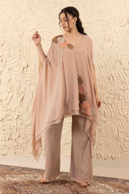 Shop_Ajiesh Oberoi_Beige Georgette Double Layer Cape And Flared Pants Set _Online_at_Aza_Fashions