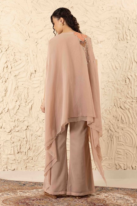 Shop_Ajiesh Oberoi_Beige Georgette Double Layer Cape And Flared Pants Set _at_Aza_Fashions