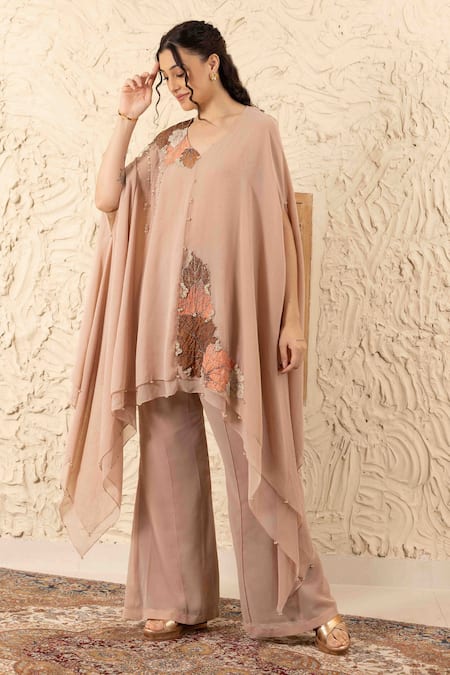 Ajiesh Oberoi_Beige Georgette Double Layer Cape And Flared Pants Set _at_Aza_Fashions