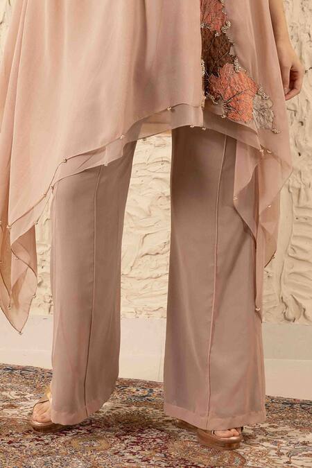 Buy_Ajiesh Oberoi_Beige Georgette Double Layer Cape And Flared Pants Set 