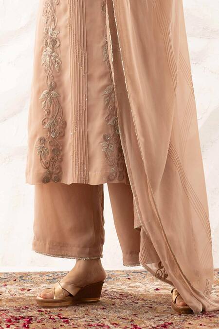 Shop Ajiesh Oberoi Beige Georgette, Maheshwari, Cotton Zari Zardozi Sequence Embroidered Kurta Set Online at Aza Fashions Shop_Ajiesh Oberoi_Beige Georgette, Maheshwari, Cotton Zari Zardozi Sequence Embroidered Kurta Set _Online_at_Aza_Fashions