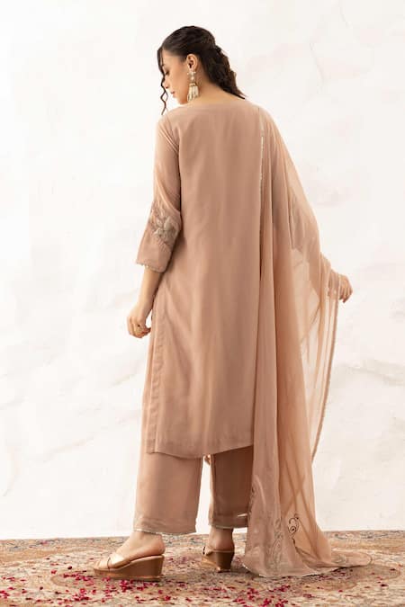 Shop Ajiesh Oberoi Beige Georgette, Maheshwari, Cotton Zari Zardozi Sequence Embroidered Kurta Set at Aza Fashions Shop_Ajiesh Oberoi_Beige Georgette, Maheshwari, Cotton Zari Zardozi Sequence Embroidered Kurta Set _at_Aza_Fashions