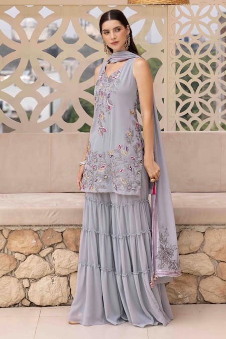Shop Ajiesh Oberoi Gray Georgette, Muslin Embroidery Round Neck Threadwork Kurta Set Online at Aza Fashions Shop_Ajiesh Oberoi_Gray Georgette, Muslin Embroidery Round Neck Threadwork Kurta Set _Online_at_Aza_Fashions