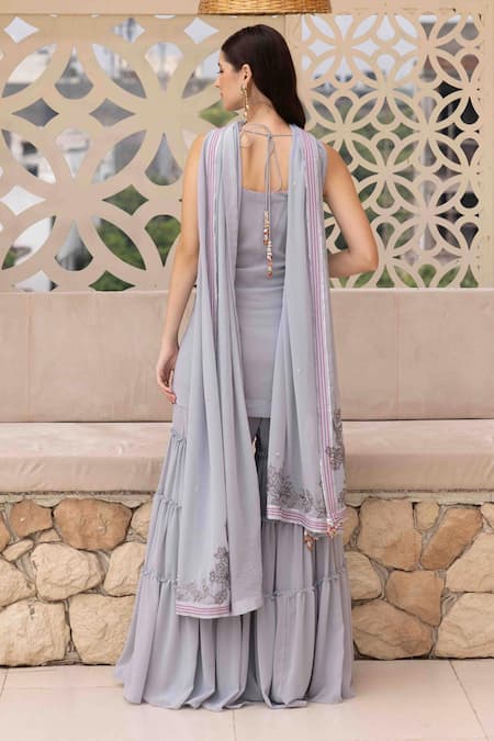 Shop Ajiesh Oberoi Gray Georgette, Muslin Embroidery Round Neck Threadwork Kurta Set at Aza Fashions Shop_Ajiesh Oberoi_Gray Georgette, Muslin Embroidery Round Neck Threadwork Kurta Set _at_Aza_Fashions