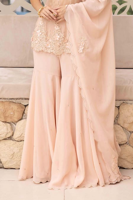 Ajiesh Oberoi Peach Georgette, Organza Embroidery, Applique, Sequins Peplum Short Kurta Set Online at Aza Fashions Ajiesh Oberoi_Peach Georgette, Organza Embroidery, Applique, Sequins Peplum Short Kurta Set _Online_at_Aza_Fashions