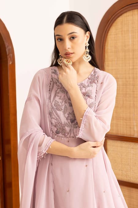 Ajiesh Oberoi Lilac Georgette, Muslin Pearls Round Neck Peplum Kurta Set With Flared Sharara Online at Aza Fashions Ajiesh Oberoi_Lilac Georgette, Muslin Pearls Round Neck Peplum Kurta Set With Flared Sharara _Online_at_Aza_Fashions