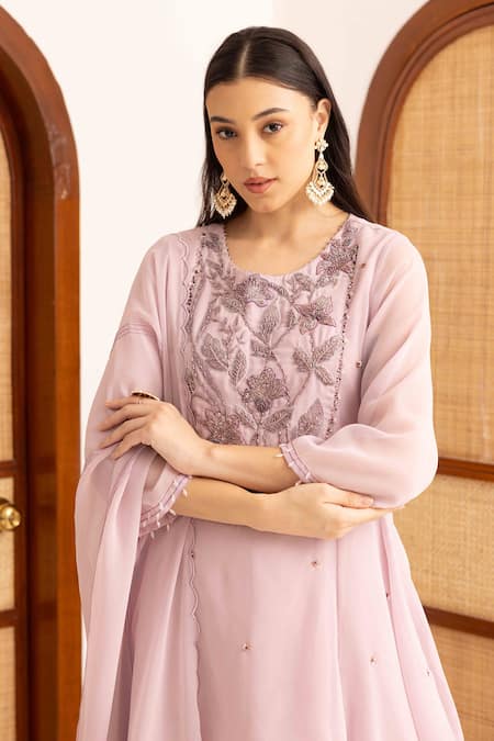 Buy Ajiesh Oberoi Lilac Georgette, Muslin Pearls Round Neck Peplum Kurta Set With Flared Sharara Online at Aza Fashions Buy_Ajiesh Oberoi_Lilac Georgette, Muslin Pearls Round Neck Peplum Kurta Set With Flared Sharara _Online_at_Aza_Fashions