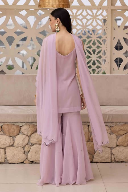 Shop Ajiesh Oberoi Lilac Georgette, Muslin Sequins Round Embroidered Peplum Kurta And Sharara Set at Aza Fashions Shop_Ajiesh Oberoi_Lilac Georgette, Muslin Sequins Round Embroidered Peplum Kurta And Sharara Set _at_Aza_Fashions