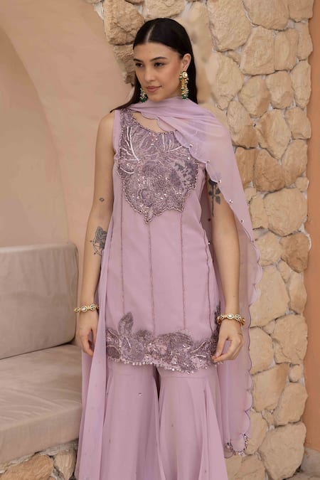 Ajiesh Oberoi Lilac Georgette, Muslin Sequins Round Embroidered Peplum Kurta And Sharara Set Online at Aza Fashions Ajiesh Oberoi_Lilac Georgette, Muslin Sequins Round Embroidered Peplum Kurta And Sharara Set _Online_at_Aza_Fashions