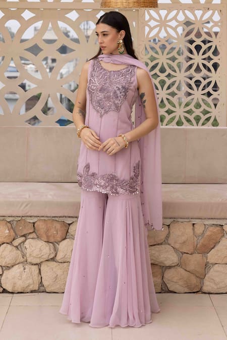 Shop Ajiesh Oberoi Lilac Georgette, Muslin Sequins Round Embroidered Peplum Kurta And Sharara Set Online at Aza Fashions Shop_Ajiesh Oberoi_Lilac Georgette, Muslin Sequins Round Embroidered Peplum Kurta And Sharara Set _Online_at_Aza_Fashions