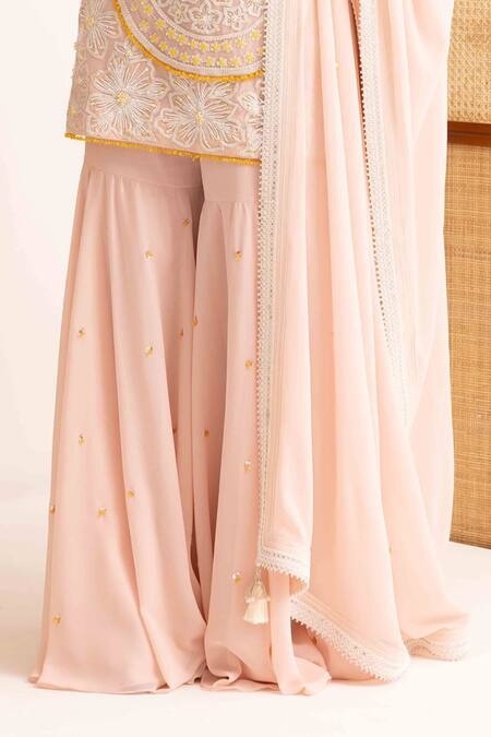 Buy Ajiesh Oberoi Pink Georgette, Muslin Crystals Round Floral Embroidered Kurta Set With Dupatta Online at Aza Fashions Buy_Ajiesh Oberoi_Pink Georgette, Muslin Crystals Round Floral Embroidered Kurta Set With Dupatta _Online_at_Aza_Fashions