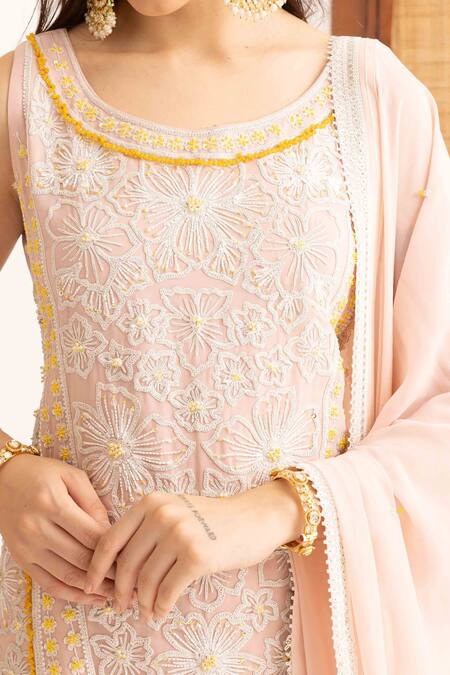 Shop Ajiesh Oberoi Pink Georgette, Muslin Crystals Round Floral Embroidered Kurta Set With Dupatta Online at Aza Fashions Shop_Ajiesh Oberoi_Pink Georgette, Muslin Crystals Round Floral Embroidered Kurta Set With Dupatta _Online_at_Aza_Fashions