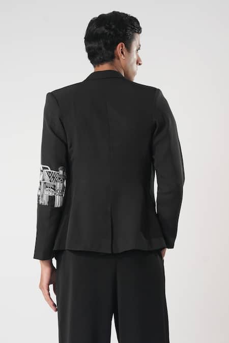 Shop_Orthodox_Black Crepe Embroidery Designer Single Breasted Blazer _at_Aza_Fashions